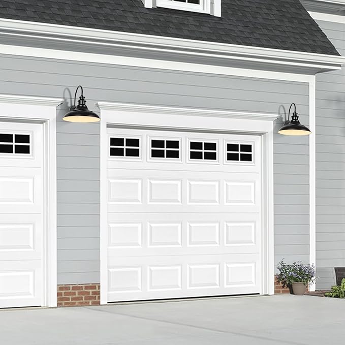 Outdoor Barn Light Fixtures, 12.3 Inch Large Dome Farmhouse Exterior Wall Mount Lights, Gooseneck Wall Sconce Indoor Wall Lighting, Industrial Black White Finish Lanterns for Porch, RZ004-4 BK+WH