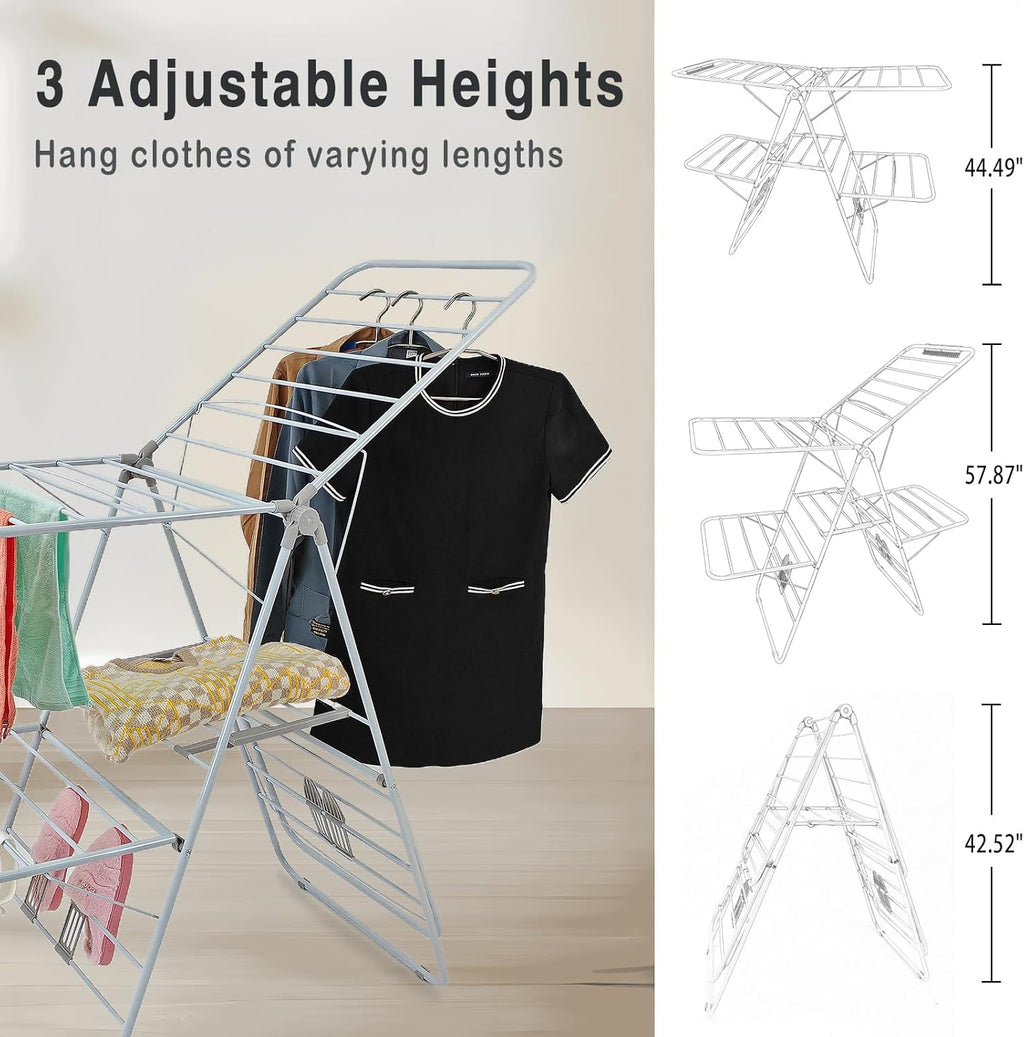 Large Capacity Double Drying Rack, Folding Rustproof Drying Rack with Non-Slip Clips and Drainage Shoe Rack, Height Adjustable, Airy and Quick Drying, Suitable for Balcony and Outdoor Use