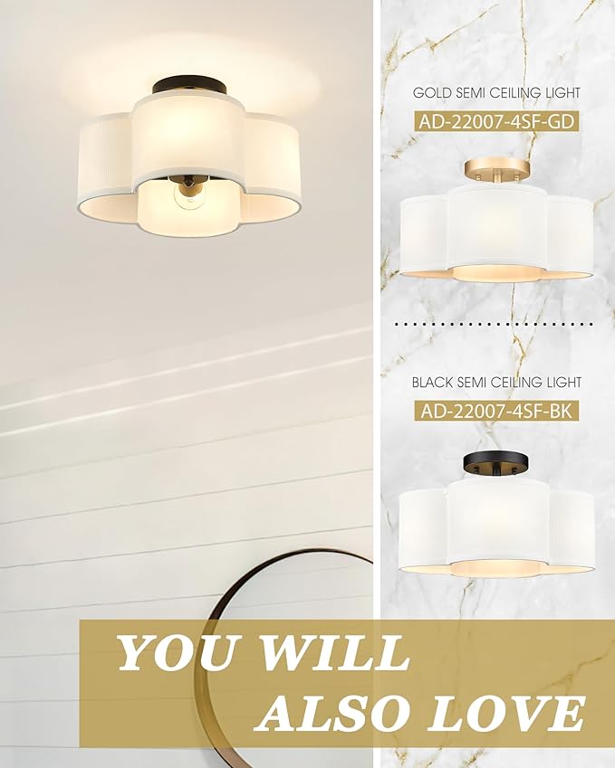 Black Semi Flush Mount Ceiling Light, Close to Ceiling Light Fixtures with Fabric Shade in Quatrefoil Shape, Farmhouse 13-inch Ceiling Light for Kitchen Hallway Bedroom, AD-22007-4SF-BK