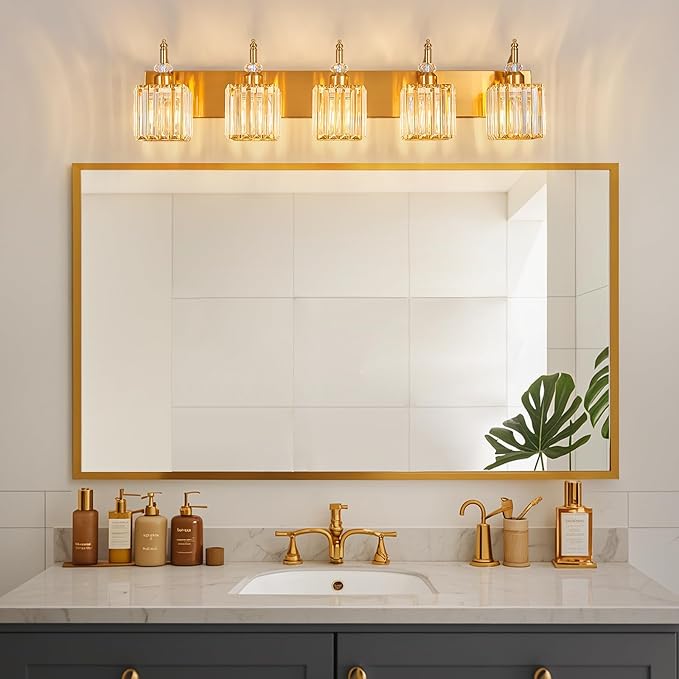 5-Light Crystal Vanity Lights - Gold, Modern Over-Mirror Bathroom Light Fixtures