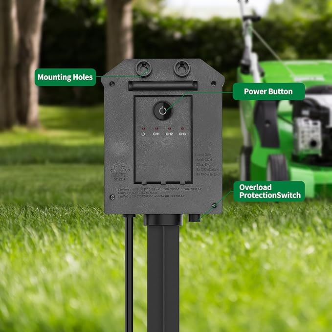 Outdoor Power Stake, 15 Feet Extension Cord Waterproof, Independently Remote Control 3 Sets of Outlets, 6 Grounded Outlets for Garden, Patio, Outdoor Decor, ETL Listed