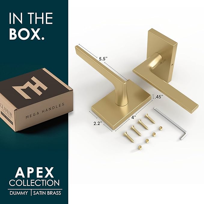 Mega Handles Apex Dummy Door Handles - 2 Pack Heavy Duty Gold Door Handle, Non-Turning Door Handle for Hallway, Closet & French Doors, Single Side, Fits All Standard Doors - Satin Brass