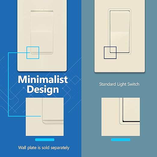 LIDER Minimalist Design Matte Finish Lighted Decorator Switch, Frameless Paddle Toggle Switch with Locator Light, Grounding Screw, 3-Way or Single Pole, 15A 120V, UL Listed, Light Almond, 5 Pack