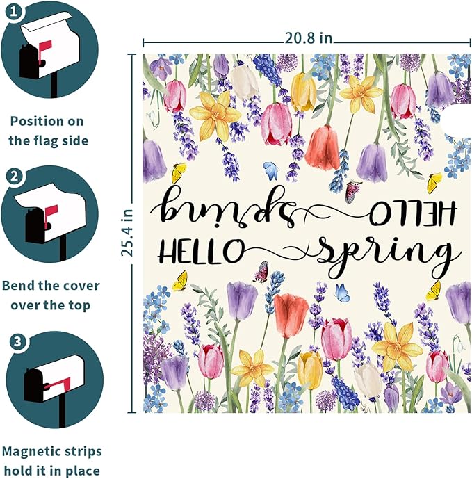 Hello Spring Mailbox Covers Tulip Lavender Butterfly Spring Decorative Mailbox Covers Magnetic Standard Size 25.5x21 In Rustic Waterproof Mailbox Wraps Post Letter Box Covers Garden Yard Outdoor Decor