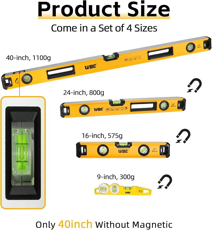WBE 4-Piece Heavy Duty Torpedo Level Set, 12", 20", 40" Spirit Level with Magnetic, Shock-Proof Aluminum Alloy Levels with Carrying Bag, Bubble Vials Ruler for 45°/90°/180° Degree(4 PACK)