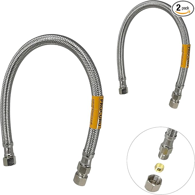 PROCURU 2-Pack 16-Inch Faucet Supply Extension, 3/8 OD Comp (Male) x 3/8 Comp (Female), Stainless Steel Braided Faucet Connetor Hose, Certified Safe (9SFD16-2P)