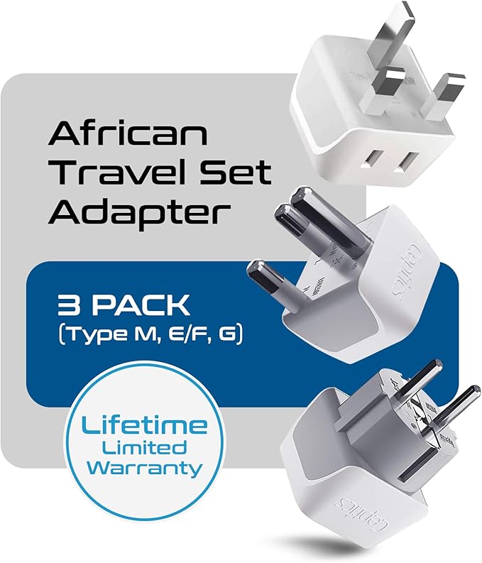 Ceptics African Travel Adapter Set 2 in 1 USA to Africa, S. Africa, Nigeria, Ghana, Uganda (Type M, E/F, Type G) - 3 Pack (Does Not Convert Voltage)
