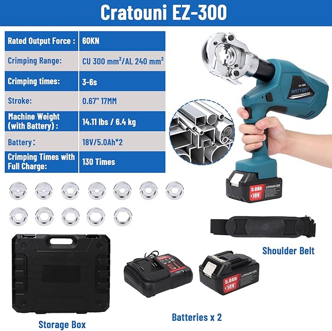 Electric Hydraulic Crimping Tool 60KN Electric Hydraulic Pliers 3-6 Seconds Fast Crimp 17mm Stroke Interchangeable Jaws Design Industrial Grade Safe Accurate Hydraulic Tools 12 Dies