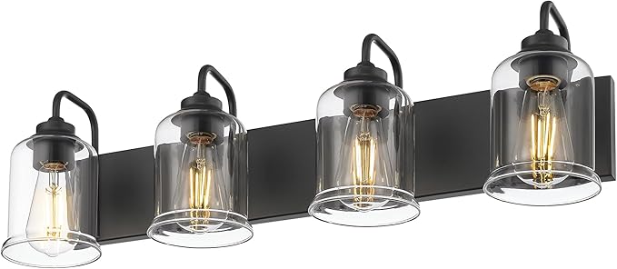 zeyu Modern Bathroom Light Fixtures, 4 Light Vanity Lighting, 28.5' Bathroom Mirror Wall Light, Matte Black Finish with Clear Glass Shade, ZSL72B-4W BK