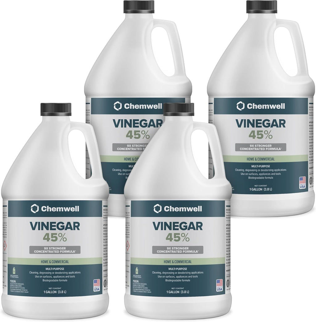 45% Vinegar 4 Gallons (4 Pack, 1 Gallon) - General Purpose All-Natural Multi-Surface Cleaner for Home, Patio & Commercial - High Performance, Powerful Concentrated Acetic Acid - Made in USA