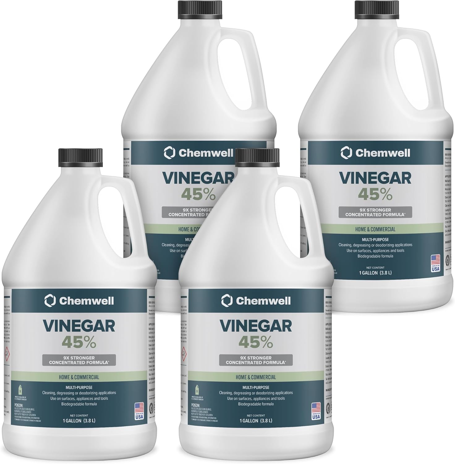 45% Vinegar 4 Gallons (4 Pack, 1 Gallon) - General Purpose All-Natural Multi-Surface Cleaner for Home, Patio & Commercial - High Performance, Powerful Concentrated Acetic Acid - Made in USA