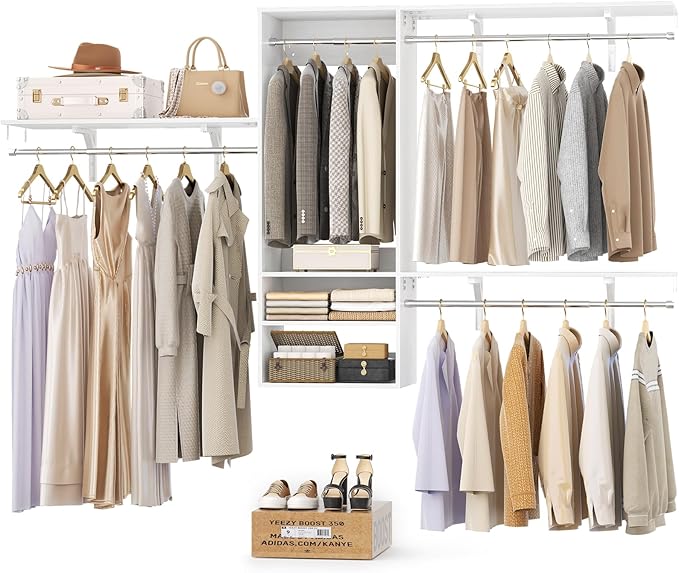 Cyclysio 96 Inch Closet Organizers and Storage, 8 FT Hanging Closet Organizer with 4 Adjustable Rods, Wardrobe Organizers with 3 Shelving Towers for 4-8FT Spaces(Cut-to-Fit), White