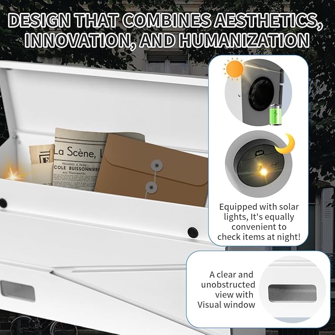 Wall Mount Mailbox, Large Capacity Mailbox for House, Visibility Galvanized Steel Rust-Proof Metal Post Box Drop, Mailboxes for Outside, 15.74"×9.84"×4.33" Solar Lanterns White