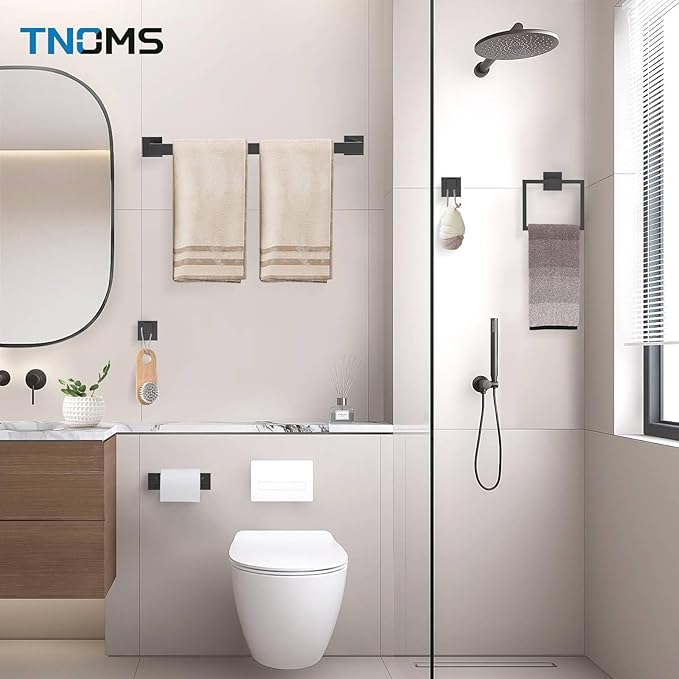 TNOMS Matte Black Towel Bar Set 5-Piece Bathroom Hardware Accessories Set,23.6 Inch Modern Towel Holder Set SUS304 Stainless Steel Towel Rack Set for Bathroom,Wall-Mounted