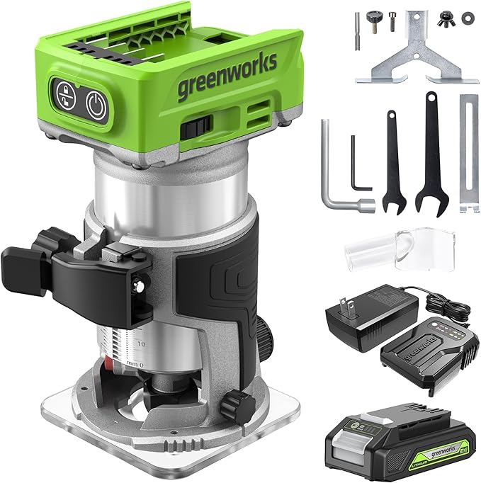 Greenworks 24V Cordless Trim Router, Variable Speed Brushless Motor Compact Palm Router with 2Ah Battery and Charger