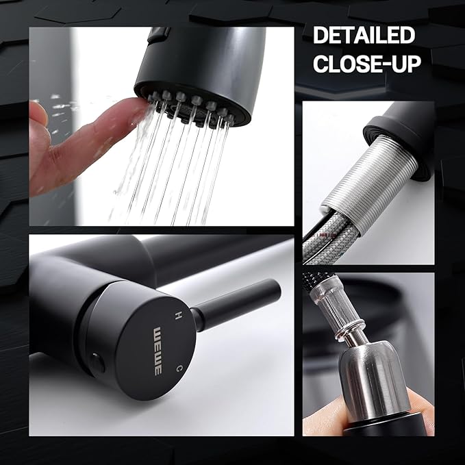 WEWE Black Kitchen Sink Faucets: Water Faucet with Pull Down Sprayer Stainless Steel Single Handle 1 Or 3 Hole for Farmhouse Commercial Camper Laundry Rv Bar
