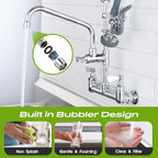 Commercial Sink Faucet with Sprayer 8 Inch Center Wall Mount Kitchen Sink Faucet with 10" Add-on Swing Spout 25" Height Faucet with Down Pre-Rinse Sprayer