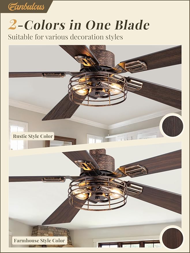 2 Pack Farmhouse 42 Inch Ceiling Fans with Lights, Industrial Caged Ceiling Fans for Bedroom Living Room, Double-Sided 5 Blades Rustic Ceiling Fan-Black Gold