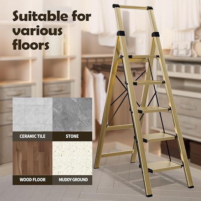 Taranta 5 Step Ladder, Portable Folding Ladder with Wide Pedal, Lightweight Aluminum Step Stool with Convenient Handgrip, 330 lbs Capacity Stepladder for Home, Office - Gold