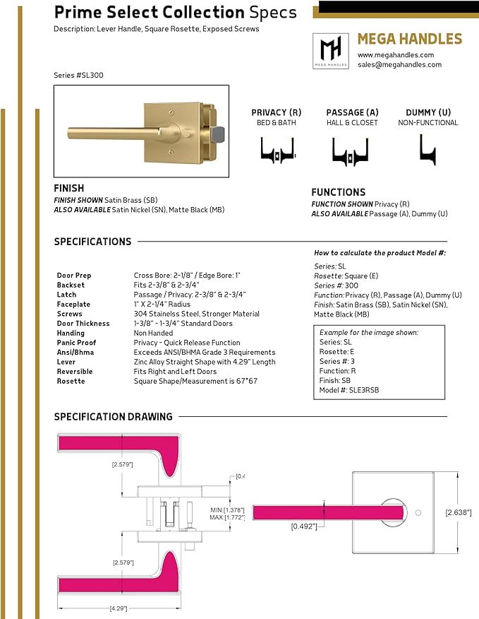 Mega Handles Prime Privacy Lever Door Handle for Hallway, Closet and Bathroom, Keyless Design Door Levers, Fits All Standard Door Sizes, Covered Screws Included - Polished Chrome (1 Pack), 5"