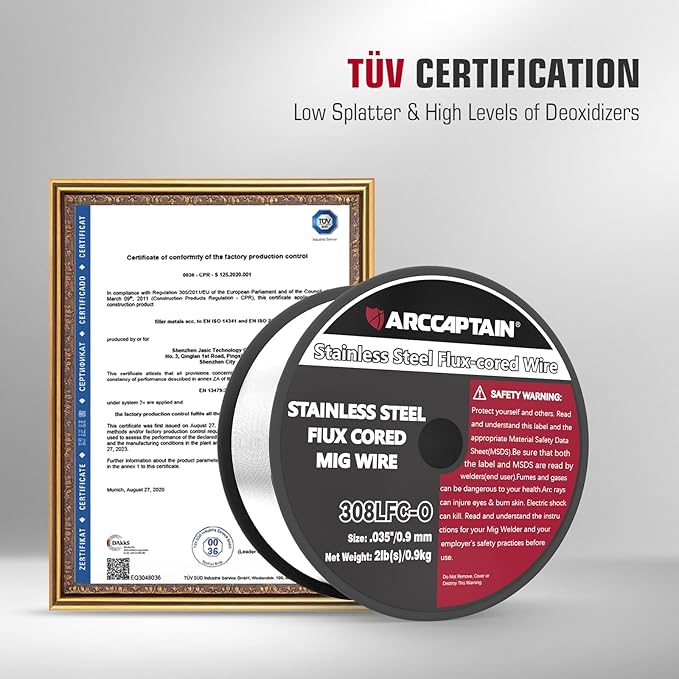ARCCAPTAIN Stainless Steel Flux Cored Wire E308LFC-O .035-Diameter MIG Welding Wire Stainless Steel Wire with Low Splatter Compatible With Lincoln Miller Forney Harbor MIG Welder 2-Pound