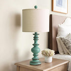 BOBOMOMO 24" Farmhouse Table Lamps Set of 2 – Distressed Teal Lamps with Linen Shades, Cottage Style Bedside Lamps for Bedroom, Living Room, or Entryway, Medium Height Lamps with Coastal Vintage Charm