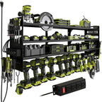 12 Cordless Drill Holder Large Power Tool Organizer Wall Mount with Side Pegboard & Screwdriver Holder, 4-Tier Heavy Duty Metal Tool Storage Rack with 4-Outlet Power Strip