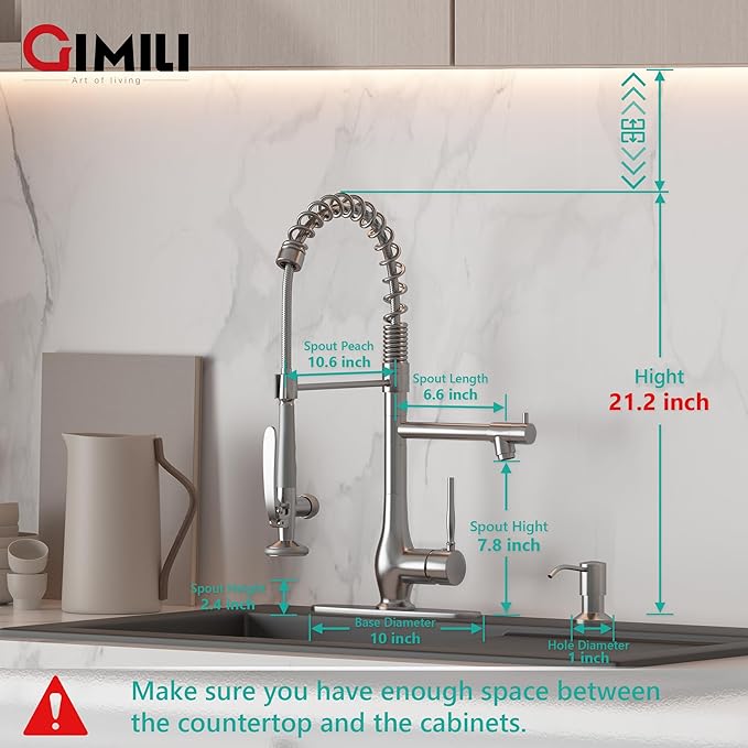 GIMILI Commercial Kitchen Faucet with Pull Down Sprayer, Double Headed Single Handle High Pressure Kitchen Faucet with Soap Dispenser Brushed Nickel