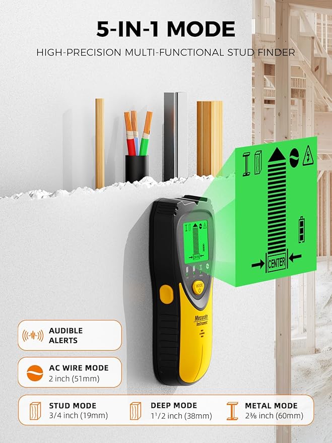 Mecurate 5-in-1 Stud Finder Wall Scanner with LCD Display – Detects Studs, Metal, Live Wires Behind Drywall – Ideal for TV Mounting, Picture Hanging, Shelves & Home Projects
