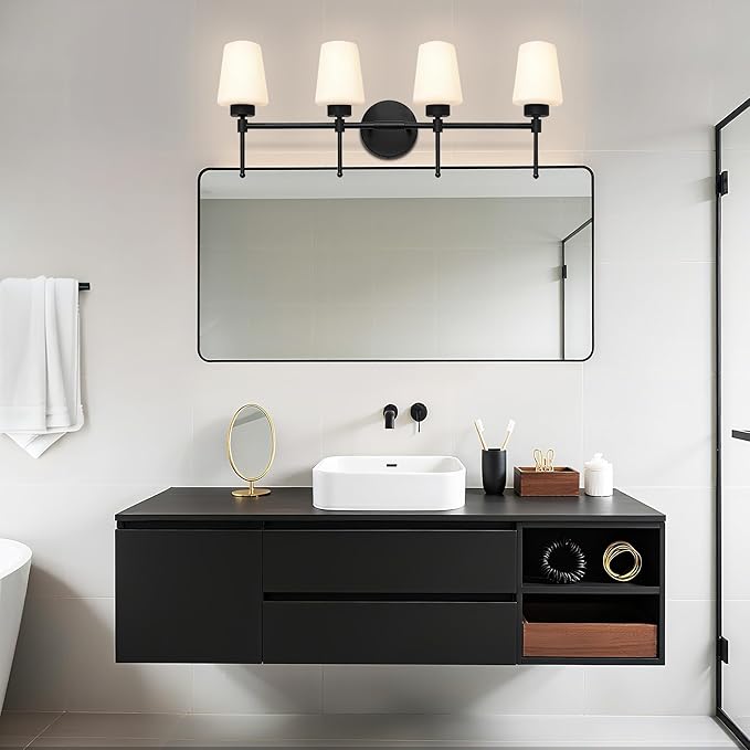 New Bathroom Vanity Light Fixtures 3 Lights Brushed Brass Glass Shade Modern Wall Bar Sconce Over Mirror (Brushed Black, 4T)