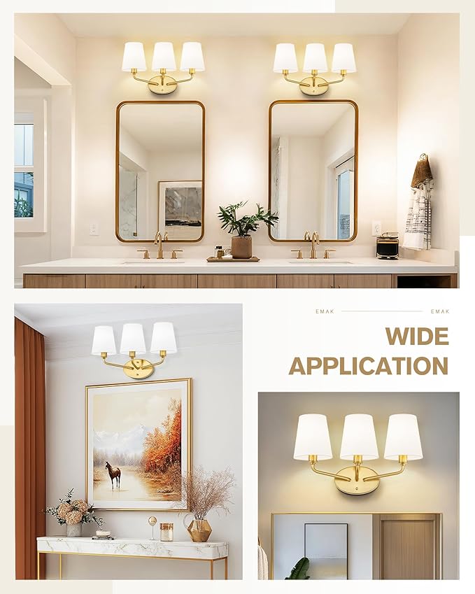 Emak 3-Light Vanity Light, Brushed Gold Bathroom Light fixtures with Flared White Fabric Shade, Modern Bathroom sconces for Mirror, Hallway, Bedroom, VL132-BGD-WF-3