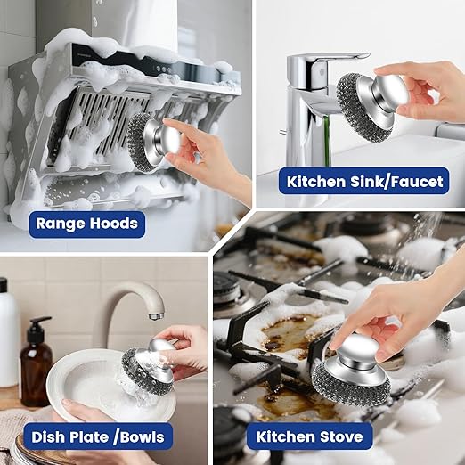 5Pcs Steel Wool Scrubber with Handle - Stainless Steel Scouring Pads Set for Cast Iron, Pans, Grill, Sink Cleaning(1 Scrubber+4 Pads)