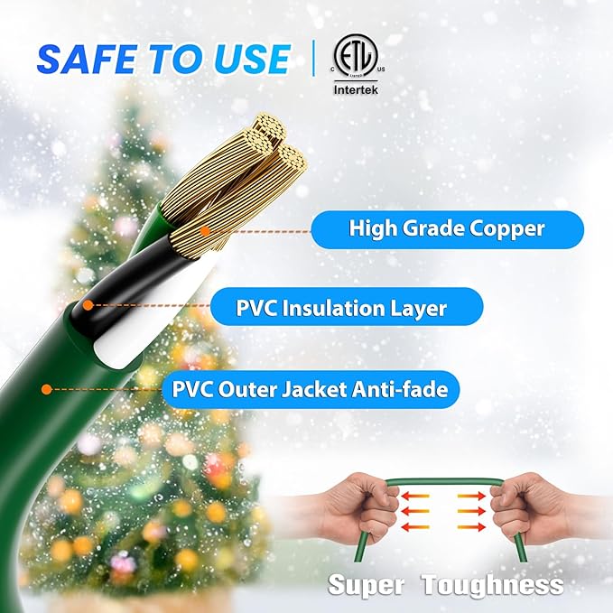 K KASONIC - 46FT Halloween Lights Outdoor Extension Cord with Mutil Outlets, ETL Listed Heavy Duty Electrical Cord with Protective Covers, Weatherproof Extension Cord for Outside, 16AWG/1625W, Green