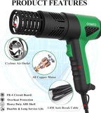 1800W Heat Gun with LCD Digital Display, Variable Temperature Control 122℉-1202℉（50℃- 650℃）with 4 Nozzles for Crafts, Vinyl Wrap, Shrink Tubing (SG-1004E)