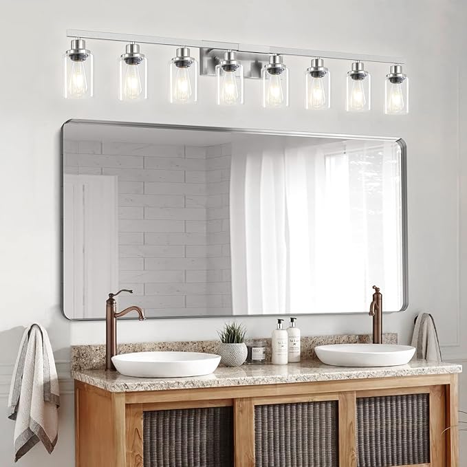 52inch Brushed Nickel Vanity Light Fixtures, 8 Light Brushed Nickel Bathroom Vanity Lights Over Mirror, Matte Nickel Modern Bathroom Wall Lighting for Mirror Bedroom,Living Room