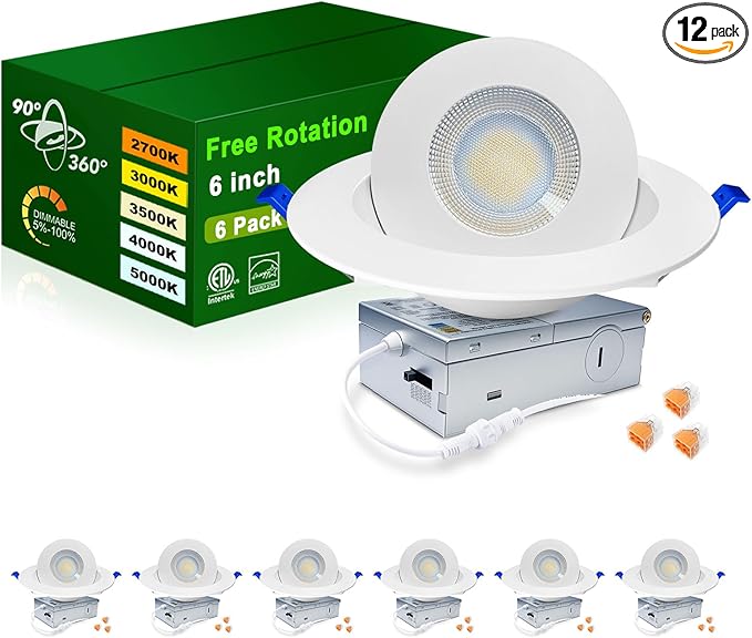zouzai 6 inch 5CCT Gimbal Led Recessed Lights, 360°+90° Adjustable Directional Recessed Lighting, 2700K/3000K/3500K/4000K/5000K Dimmable Retrofit Eyeball Can Lights with Jbox, ETL(White, 6 Pack)