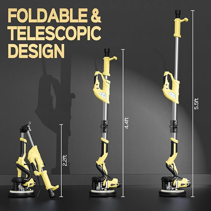 Drywall Sander, 2025 Upgraded 8-Amp Popcorn Ceiling Removal Tool with 7 Variable Speed 800-1800RPM, Drywall Sander with Vacuum Dust Collector with Extendable Handle, LED Light, 12pcs Sanding Discs