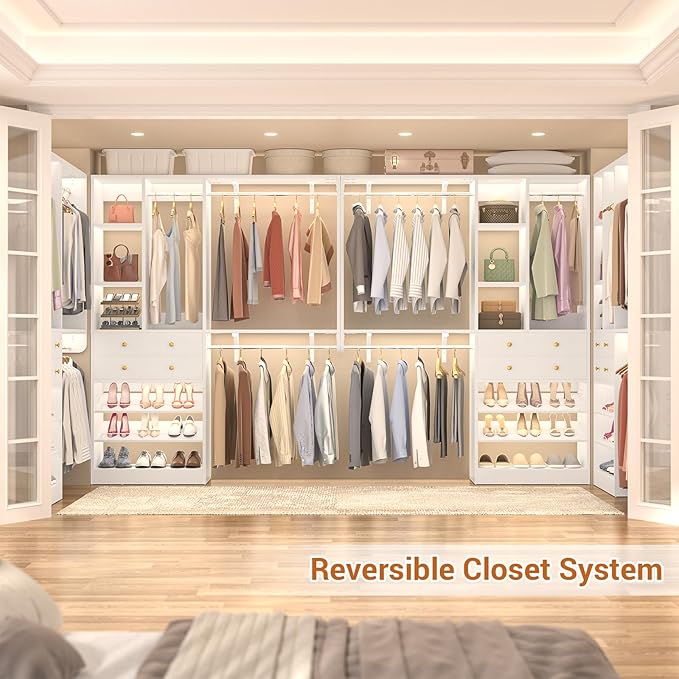 5FT Small Closet System with Drawers, 60" Closet Organizer System with Reversible Hanging Shelving, Closet Systems for Small/Walk-in Closets, White