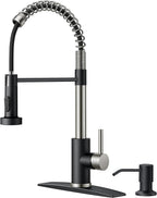 FORIOUS Kitchen Faucet with Soap Dispenser, Stainless Steel Spring Sink Faucet with Pull Down Sprayer Transitional Single Handle for Pot Filler, Farmhouse Camper Bar Laundry Room, Black Brushed