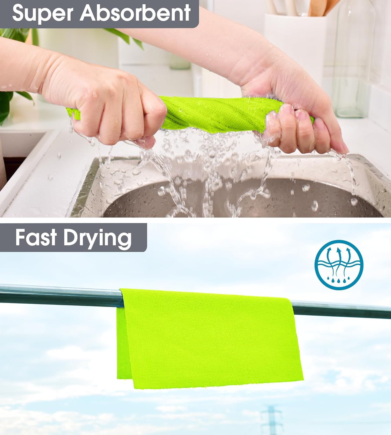 KitchLife Microfiber Cleaning Cloth Roll, 100 Pack - Tear-Away Microfiber Paper Towels, Lint-Free, Reusable, Washable for Kitchen, Car, Dishes, and Sensitive Surfaces (Neon Green)