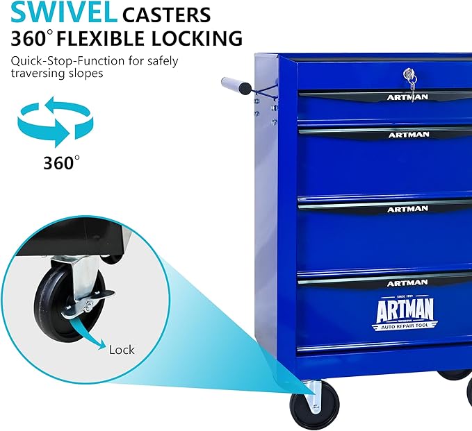 4 Drawers Rolling Tool Box on Wheels, Multifunctional Tool Chest Cabinet with Lock, Drawers Rolling Tool Cart Trolley Organizer Tool Storage Case for Warehouse,Garage,Workshop (Blue)