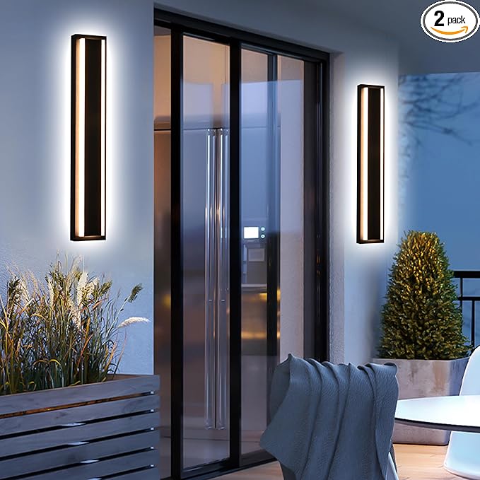MELUCEE 24inch Long Outdoor Wall Lights 2 Pack Outside Linear Porch Lights 5 Color Dimmable Outside Garage Lighting Exterior Light Fixtures Wall Mount for House Patio Balcony Porch, IP65 Waterproof