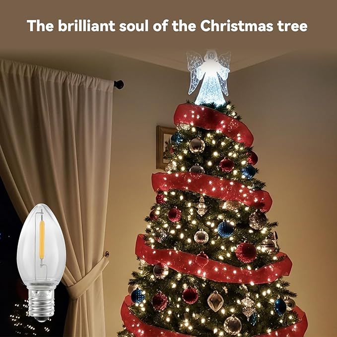 25 Pack C7 LED Replacement Christmas Light Bulbs,Clear 0.6W Energy Efficient E12 Candelabra Base,Shatterproof Warm White 2700K for Christmas Trees,Holiday String Decorations,Patio,Garden,Halloween