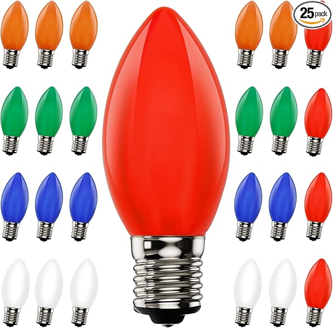 25 Pack C9 LED Christmas Light Bulbs,C9 Plastic Multicolor Replacement LED Bulbs Shatterproof C9/E17 Candelabra Base 0.6 Watt Great for Outdoor Indoor Night Lights Holiday Christmas Tree Decor