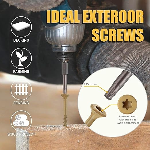 WELLOCKS Deck Screws, Wood Screws, Tan, Superior Rust Resistant, Epoxy Coated, Above 1000 Hour Salt Spray Coating T25 Torx Star Bit Included for Outdoor Wood Fence (5.2LBS Tan, #10×3")