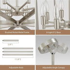 Brushed Nickel Chandelier 8-Light, 26" Large Dining Room Light Fixture Geometric Metal Modern Pendant Hanging Ceiling Lamp for Kitchen Island Living Room Entryway