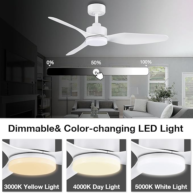 48 Inch Smart Ceiling Fans with Lights Remote Control,Dimmable LED Light,Outdoor Indoor Modern Ceiling Fan,Quiet DC Motor,WIFI Alexa App Workable,Matte White for Bedroom Living Room Patio