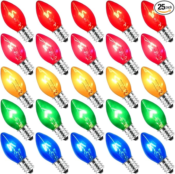 C7 Christmas Replacement Bulbs, 25 Pack Clear Multicolor Light Bulbs for E12 Candelabra Base Outdoor/Indoor String Lights, 5 Watt