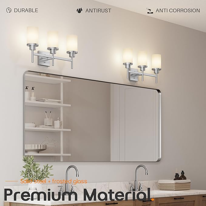 Bathrom Light Fixtures Brushed Nickel 3-Light with White Frosted Glass Shade, Modern Wall Lamps Over Mirror for Bath Washroom Living Room T001BR-L3