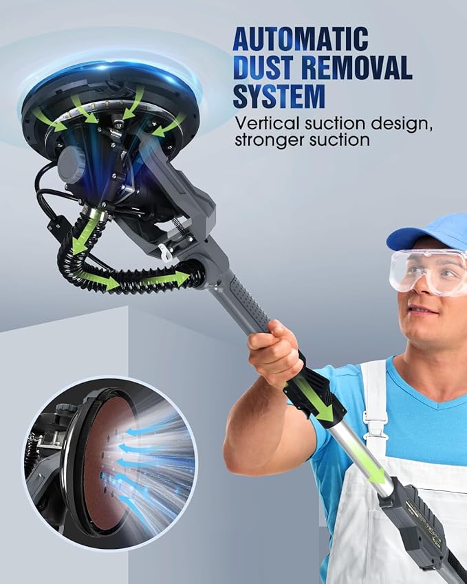 Drywall Sander, 7.2A Electric Drywall Sander with Vacuum Dust Collection, LED Light, 6 Variable Speed Digital Display 900-1800RPM, Foldable & Extendable Handle (GREY)